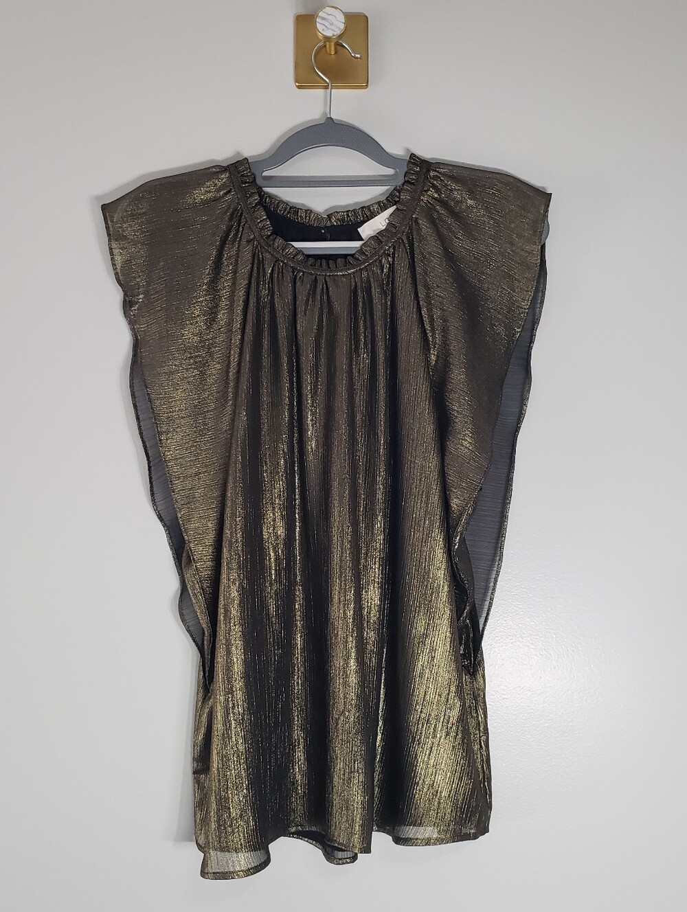LOFT NWOT Metallic Gold Ruffle Sleeve Blouse XL Wedding Guest New Year's Eve